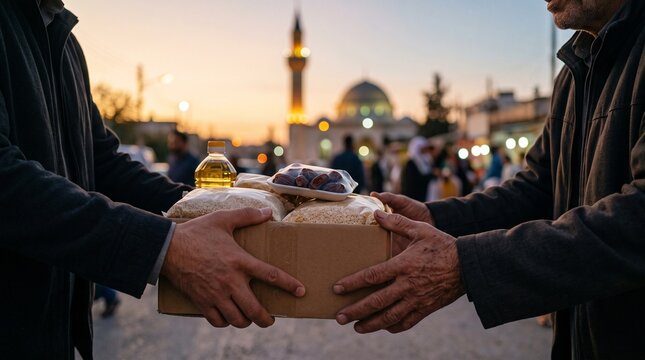 Hands giving food package containing rice and dates to needy person in Muslim community during Ramadan