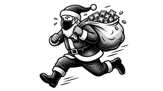Vector illustration of Santa Claus wearing a black face mask running while carrying a large sack filled with cash money and banknotes, black and white stipple drawing on white background
