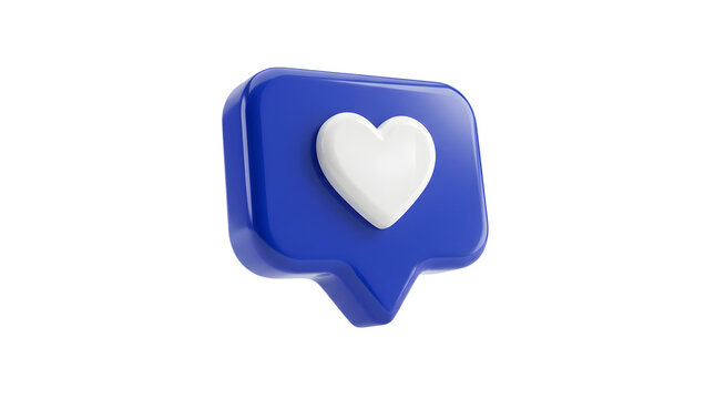 A 3D render of a glossy royal blue notification chat bubble icon featuring a smooth white heart symbol centered on its front surface, angled slightly, isolated against a pure white background