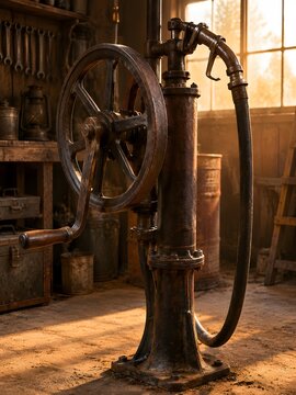 Antique hand operated fuel pump with a large cast iron wheel mechanism standing in a dusty workshop in warm tungsten backlighting