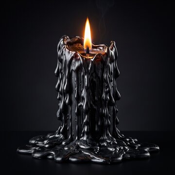 Dripping melted black gothic candle burning with tall flame