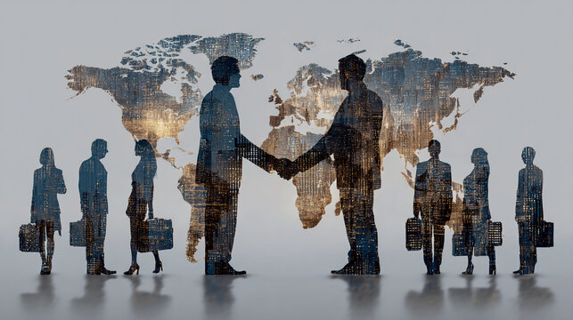 A silhouette of business people shaking hands
