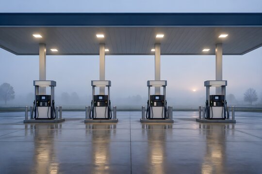 Series of four identical fuel pump dispensers standing aligned on a service concourse