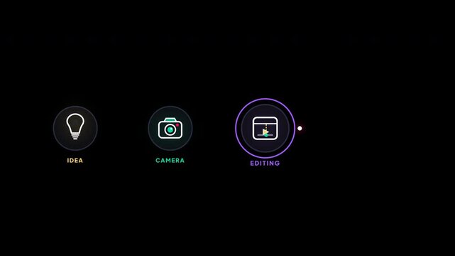 Workflow content creator idea process with glowing digital icons. 4k