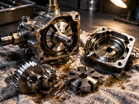 Internal rotary vane mechanical fuel pump assembly with polished steel gears open on oily cloth in workshop
