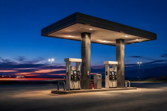 Dual sided fuel pump dispensers standing on a concrete island at an empty highway stop