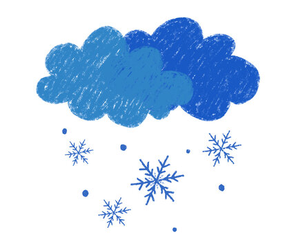 Crayon style cloud releasing snowflakes and falling snow, creating a playful winter weather illustration for seasonal and holiday designs.