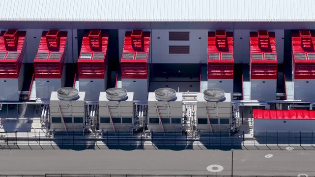 Aerial view of HVAC systems attached to a Data center building,