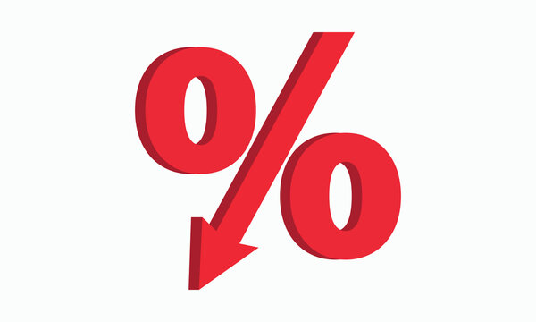 Red percentage sign with downward arrow indicating financial decrease or discount, perfect for sales and economic concepts.
