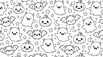 Obraz premium Cute Halloween seamless pattern with ghosts pumpkins and bats