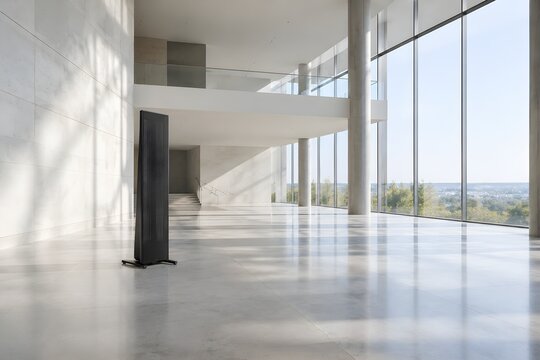 Minimalist planar magnetic floor standing speaker positioned in an empty bright atrium