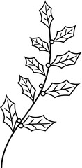 Fototapeta premium Hand drawn line art holly branch vector coloring page for kids. Rustic winter Christmas holly leaves and berries outline template stencil.
