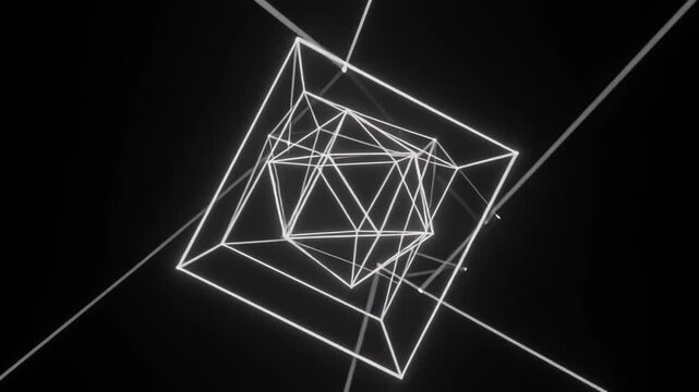Abstract Geometric Wireframe Tunnel With Glowing Structures In Dark