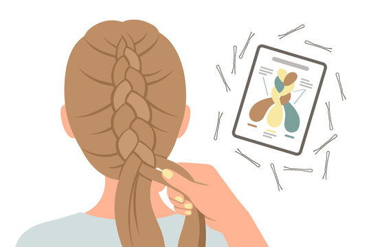 Woman braiding her hair while watching a digital tutorial