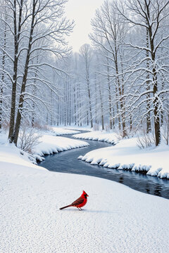 Red Cardinal Bird in Snowy Winter Forest Landscape with River Painting Illustration
