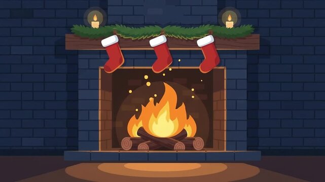 Cozy Holiday Christmas Fireplace with Warm Fire and Stockings