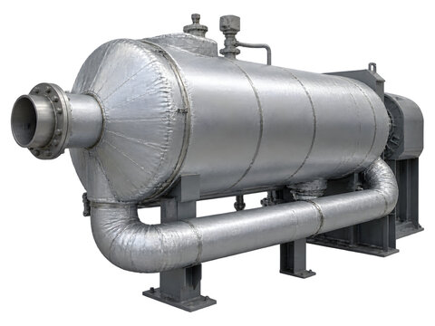 Geothermal binary cycle turbine housing in plant room with flanged nozzle