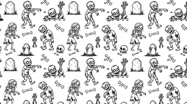 Seamless Pattern with Cartoon Zombies Graves and Bones Illustration