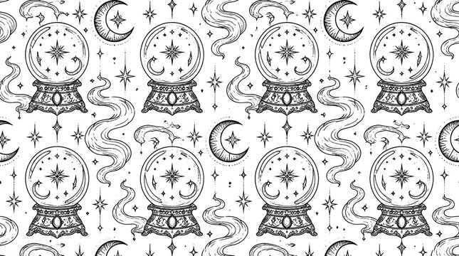 Seamless pattern with crystal balls moons and stars illustration