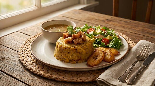 A plate of delicious mofongo with chicken and a fresh side salad on a rustic wooden dining table. Mofongo recipe
