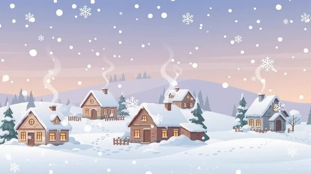 Winter snowy landscape with cute village houses and falling snowflakes
