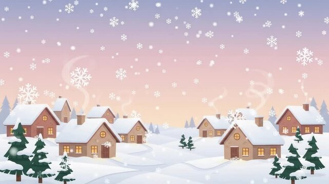 Charming Winter Village Scene with Falling Snow and Cozy Homes