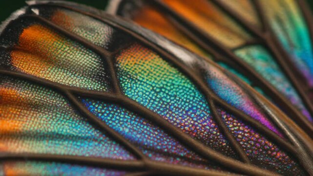 The intricate and luminous pattern of a butterfly's wing showcases a breathtaking spectrum of iridescent colors, revealing the delicate veining and shimmering scales in striking clarity