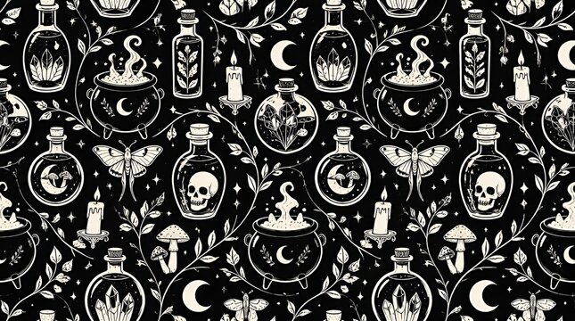 Witchcraft seamless pattern with potion bottles skulls and cauldrons