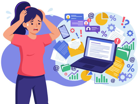 Stressed woman clutching head suffering from information overload, work multitasking, digital fatigue concept vector illustration