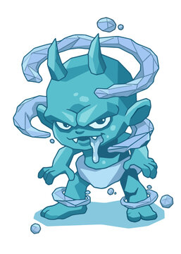 Cute Blue Tuyul Ghost Halloween Cartoon Character Vector Illustration, Spooky Chibi Horned Money Thief Child Ghost, Indonesian Folklore Diaper Goblin Mascot