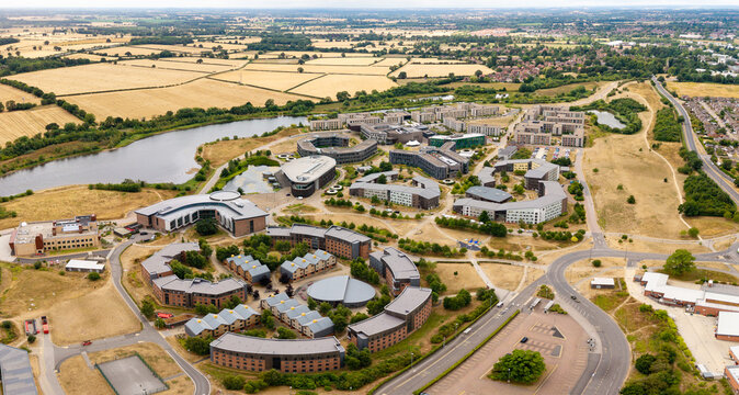 Aerial view above the University of York and the modern buildings of its Campus East site