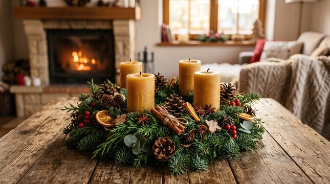 Traditional rustic Advent arrangement on a weathered oak table with four thick beeswax candles, dense noble fir branches, and dried pinecones