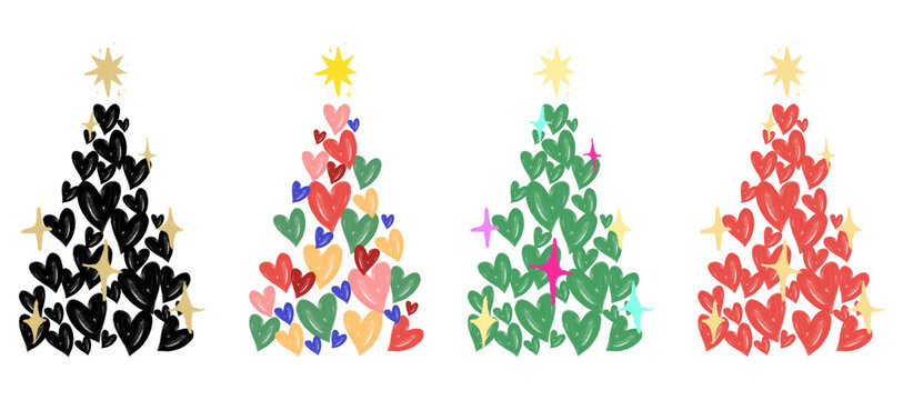 Colorful Christmas tree illustrations made from layered heart shapes in black, red, green, and multicolor designs with golden star toppers.