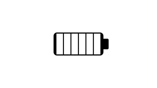 recharging or charging battery icon that repeatedly loops with four bars of electrical power energy building up in sequence console display icon symbol 4K animation with white silhouette outline