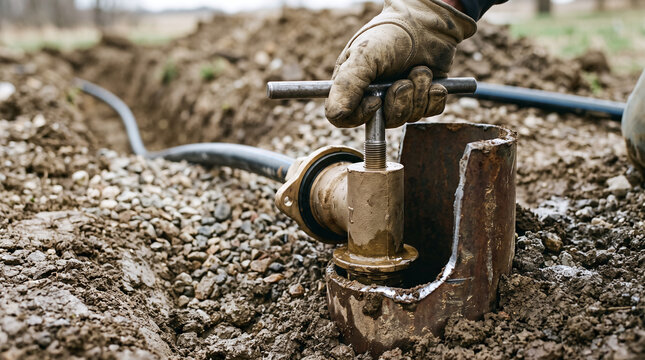 Plumber installing a brass pitless adapter into a steel well casing at a residential water well site.