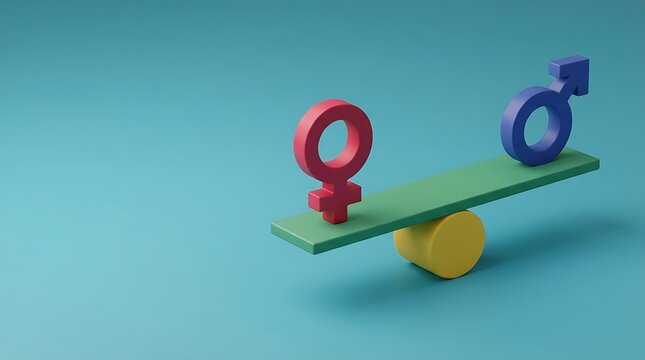 Gender equality symbols on a balanced scale representing social