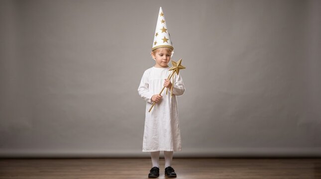 St. Lucia&rsquo;s Day: A young boy (Stj&auml;rngosse) in a tall white conical hat decorated with gold stars, holding a golden star wand