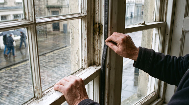 Worker installing a brush-pile draught strip on an old sash window to improve home energy efficiency.