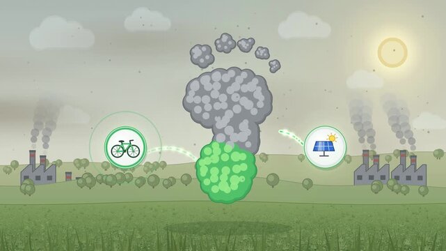 Grey smog carbon footprint turns green with bike, solar, wind and tree icons and blooms with flowers, eco animation