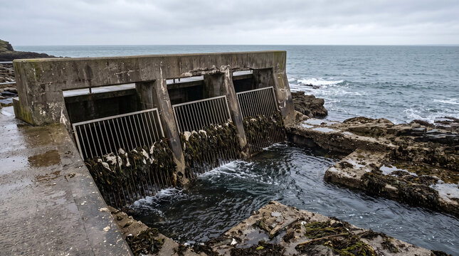 Concrete seawater intake structure for a desalination plant with steel screens at a rocky shoreline.