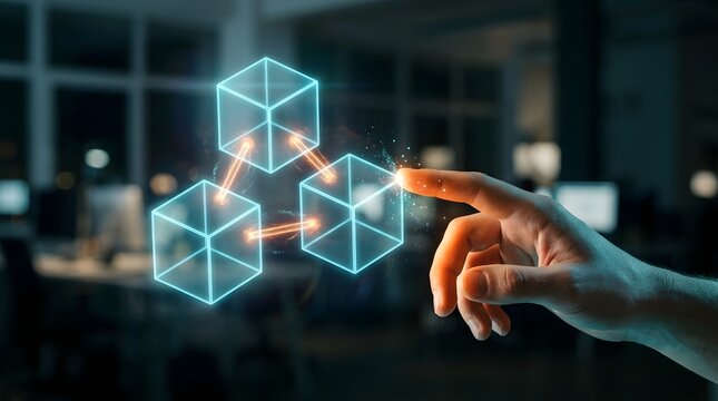 Conceptual image of blockchain technology featuring a hand interacting with glowing interconnected 3D cubes, representing digital networking and innovative data security in a dark office.