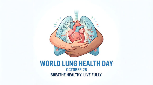 World Lung Health Day concept on October 25 with two hands gently holding healthy pink lungs and red heart, promoting breathe freely live fully for respiratory awareness care support day event art