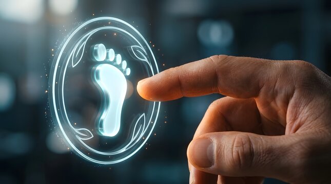 Hand touching a glowing digital carbon footprint icon, representing sustainability, environmental monitoring, and green technology solutions for a cleaner future.