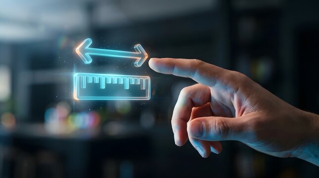 Hand touching a glowing digital measurement ruler and arrow hologram representing precision, dimension, and scaling in futuristic technology concept.