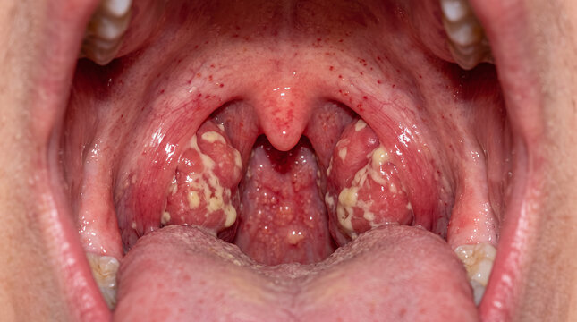 Clinical intraoral view of streptococcal pharyngitis showing enlarged tonsils with white exudate and petechiae on the palate.