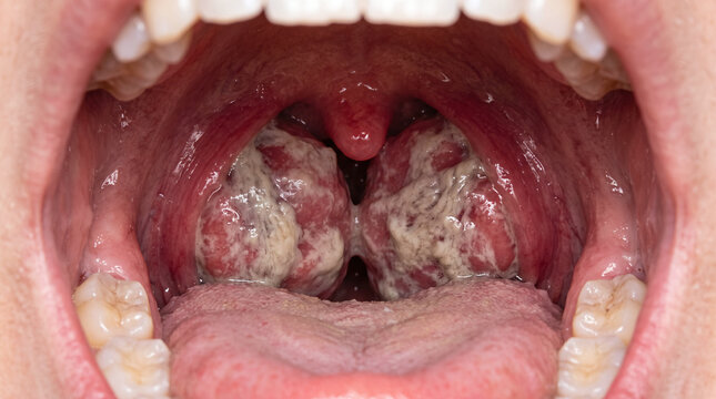 Close-up intraoral view of enlarged tonsils with white exudate caused by glandular fever