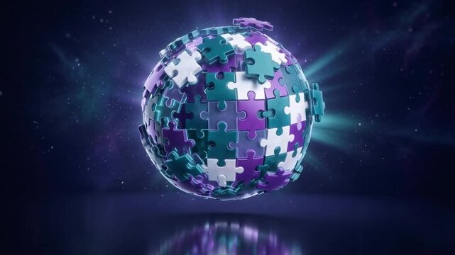 An abstract sphere constructed from interconnected teal, purple, and white puzzle pieces, floating and glowing in a dark, cosmic environment with reflections.