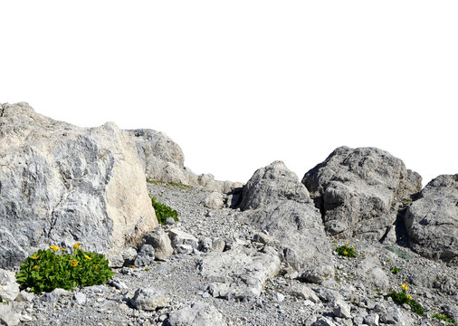 Rock mountain slope foreground isolated on transparent PNG background.