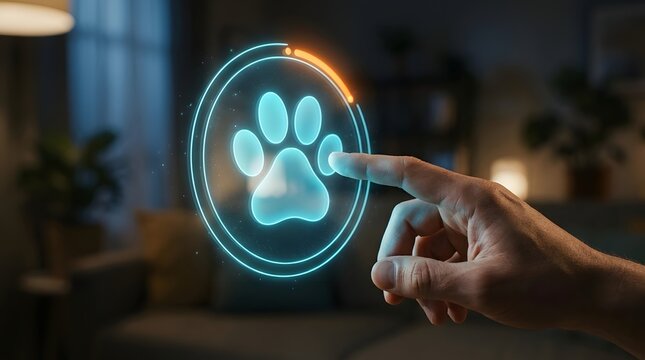 A hand interacting with a glowing digital paw print hologram interface, symbolizing advanced pet care, veterinary technology, and smart home animal monitoring services.