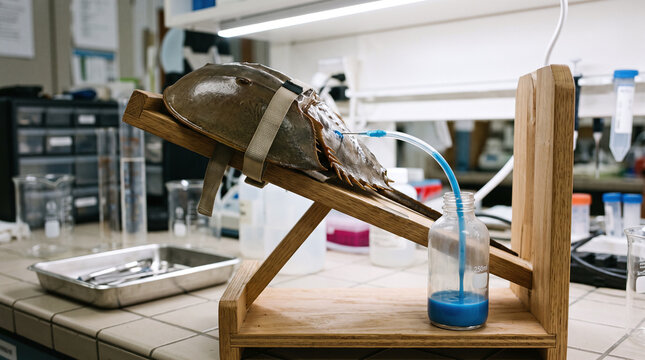 Horseshoe crab blue blood being harvested in a laboratory for medical research.